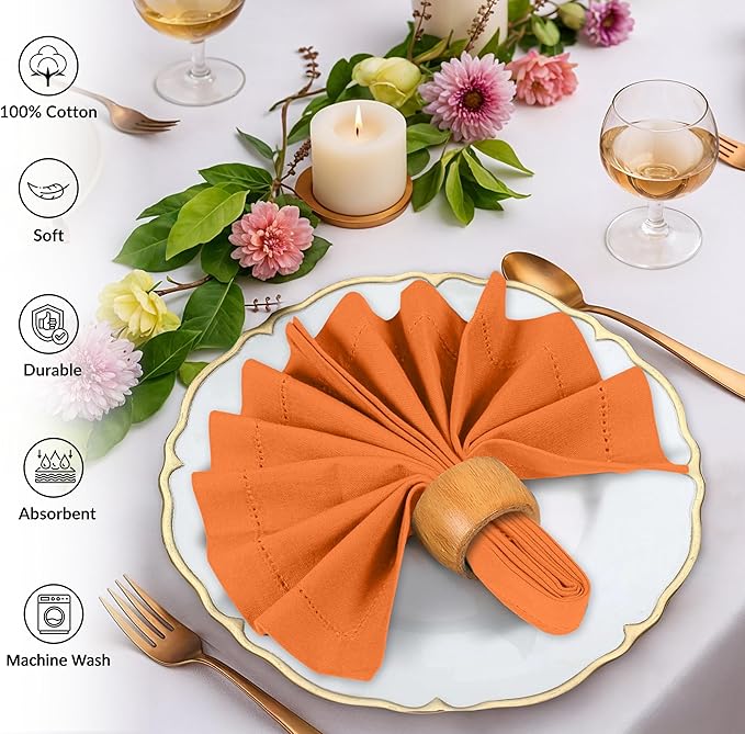Ruvanti Cloth Napkins Set of 12, 100% Cotton High GSM 18x18 Inches, Hem Stitched Corners, Soft, Washable, Highly Durable & Absorbent, Perfect for Parties, Christmas, Thanksgiving Dinners – Orange Peel