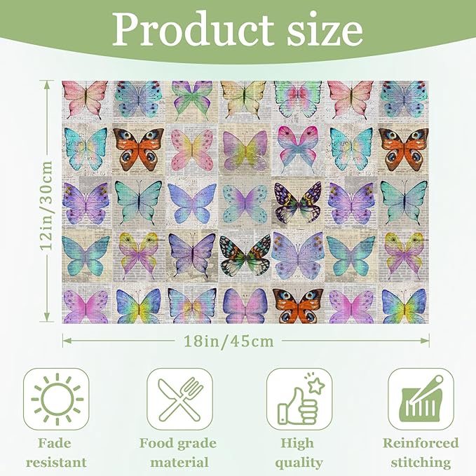 Watercolor Butterfly Placemats Set of 6, Washable Heat Resistant Table Mat Linen Place Mats for Party Kitchen Dining Home Decor 12x18 Inch