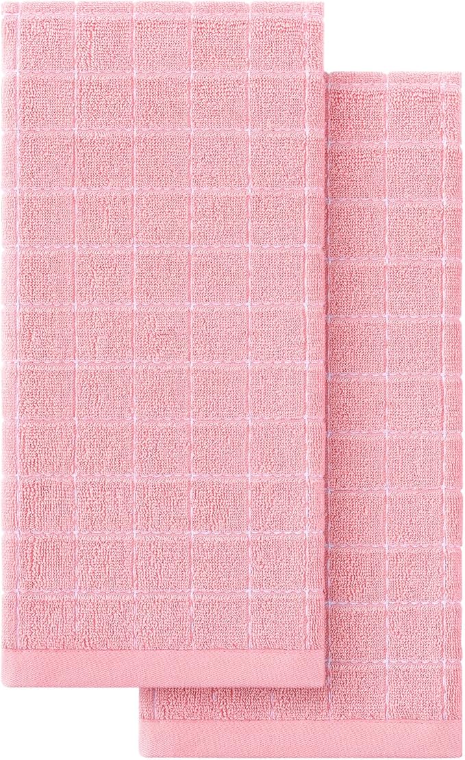 Homaxy 100% Cotton Terry Kitchen Towels(Pink, 13 x 28 inches), Checkered Designed, Soft and Super Absorbent Dish Towels, 2 Pack
