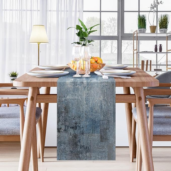 Emvency Farmhouse Style Table Runner, Abstract Art Painting Denim Blue Dining Decor for Kitchen Coffee Table Family Dinners Holiday Parties Wedding Events Decor(13x90 inch)