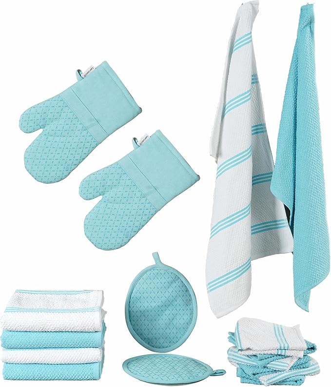 Lane Linen 16Pc Kitchen Towel Set - Heat Resistant Oven Mitts & Pot Holders, Reusable Dish Cloths, Absorbent Hand Towels - Aqua