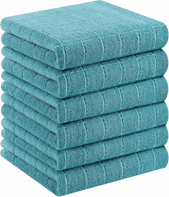 Homaxy 100% Cotton Terry Kitchen Towels(Lake Blue, 13 x 28 inches), Checkered Designed, Soft and Super Absorbent Dish Towels, 6 Pack