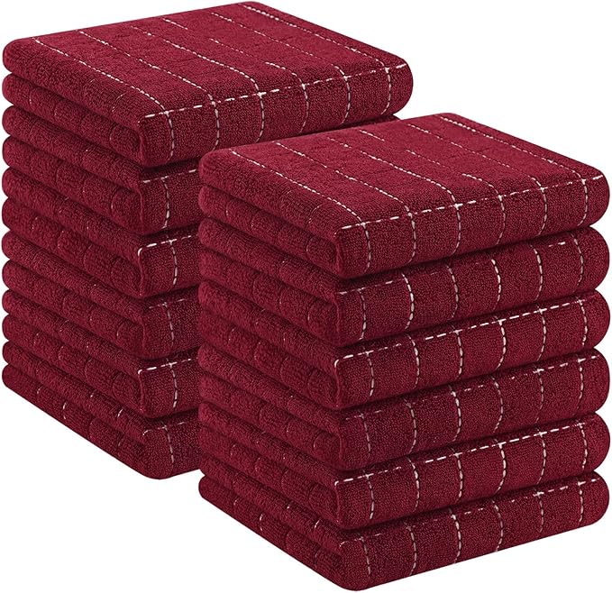 Homaxy 100% Cotton Terry Kitchen Towels(Burgundy Red, 13 x 28 inches), Checkered Designed, Soft and Super Absorbent Dish Towels, 12 Pack