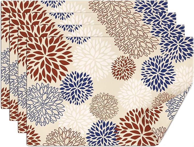 comfoyar Navy Blue Red Dahlia Placemats Set of 4, 12x18 Inch Non-Slip Linen Farmhouse Place Mats, Washable Absorbent Seasonal Table Mats for Kitchen Dining Party Table Decoration
