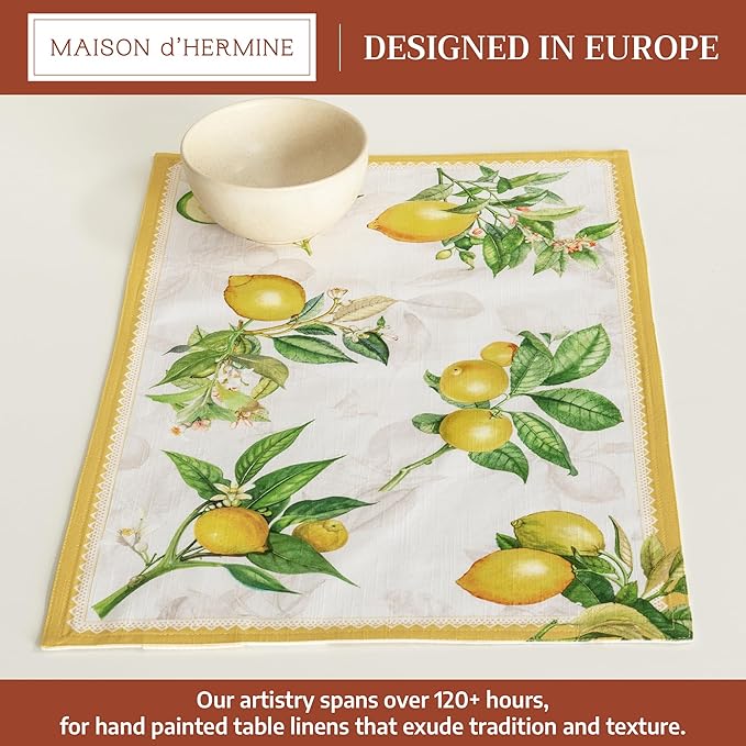 Maison d' Hermine Placemats Set of 4 100% Cotton Washable Cloth Place Mats Reusable Table Mats for Kitchen Dining Party Wedding Gifts for Mothers Day Spring/Summer (Limoncello, 13" x 19")