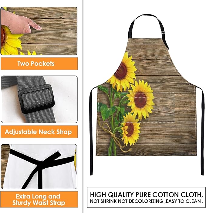 Britimes Apron Home Kitchen Cooking Baking Gardening for Women Men with Pockets Autumn Sunflowers Wooden Board Flower 32x28 inch