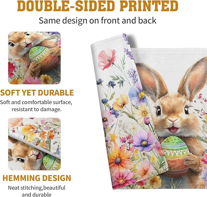 Easter Rabbit Placemats Set of 4 Spring Bunny Colorful Egg Wildflower Place Mat 12x18 Inch Seasonal Farmhouse Linen Fabric Table Mats for Kitchen Dining Outdoor Indoor Easter Party