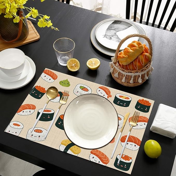 Cute Japanese Sushi Placemats Set of 6, Washable Heat Resistant Table Mat Linen Place Mats for Party Kitchen Dining Home Decor 12x18 Inch