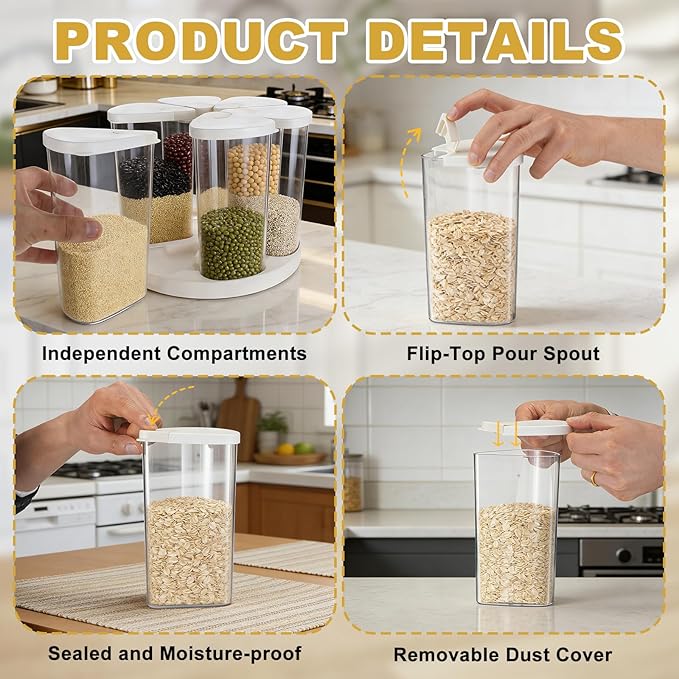 5-10 lbs Rice Dispenser 6 Grids 360° Rotating Cereal Dispenser Countertop BPA-Free PET Grain and Rice Storage Container with Lids Dry Food Dispenser Grain Canister Sets for Oats Flour Corn Flakes