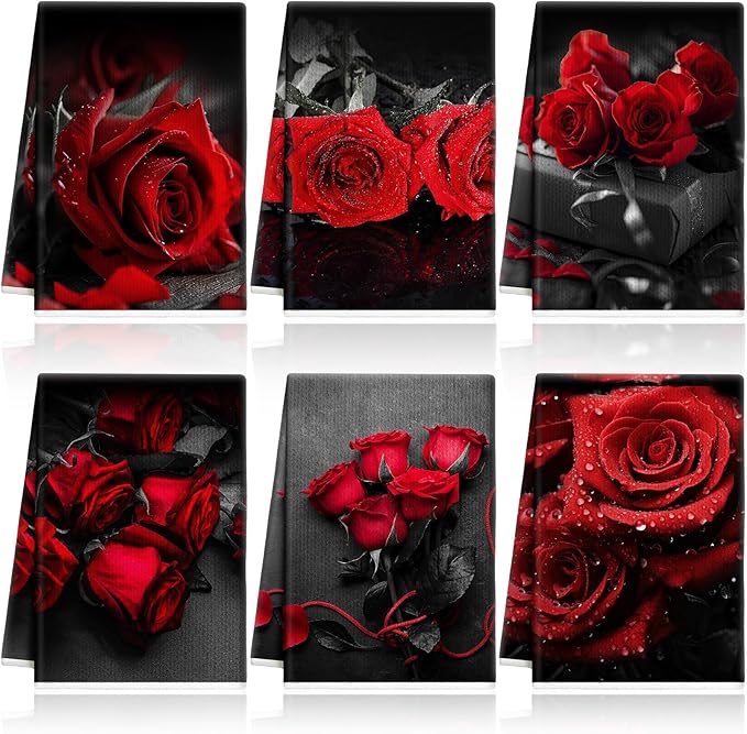 Breling Set of 6 Red Rose Kitchen Towels Vintage Themed Dish Towel Bathroom Decorative Rustic Cloths Tea Towels for Kitchen Bathroom Home Cooking Housewarming Gifts, 14 x 21 Inch