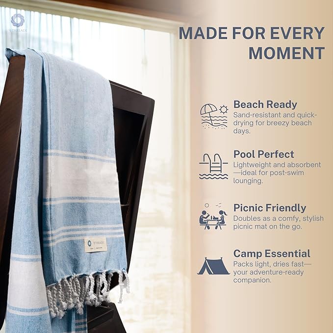 Cotton Turkish Beach Towel with Towels Oversized 36"x72" Pool Absorbent Extra Large Quick Dry Sand Travel Towel (Sky Blue, 2 Pack)