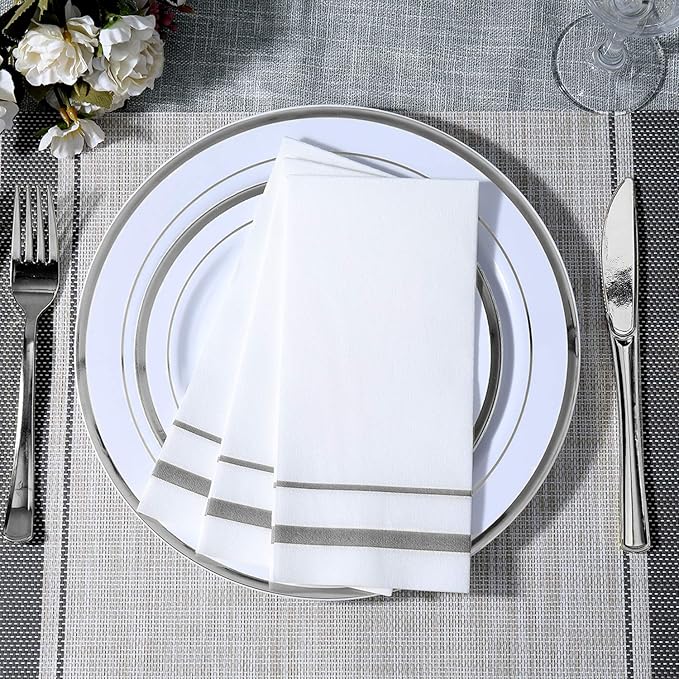 FOCUSLINE 200 Linen Feel Disposable Bathroom Napkins, Soft and Absorbent Paper Guest Towels, Cloth-Like Hand Towels Decorative Paper Napkins for Parties, Weddings, Dinners or Events, Silver, 12" x 17"
