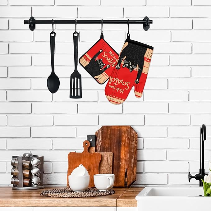 Funny Cat Oven Mitts and Pot Holders Sets Red Black Kitchen Decor Cute Cat Kitchen Accessories Funny Cat Gifts House Warming Birthday Cooking Gifts for Women (Red, Oven Mitts & Pot Holders)
