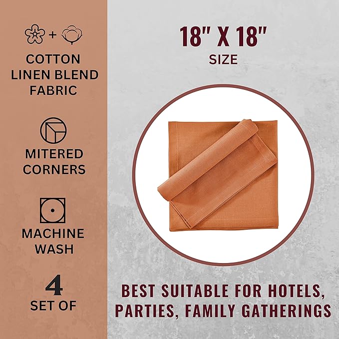 Cloth Napkins Dinner Washable Set of 4 in Cotton Linen Fabric Premium Quality, Mitered Corners for Reusable Every Day Use Pre Shrunk and Good Absorbency Christmas Cloth Napkins (Pack of 4, Rust)