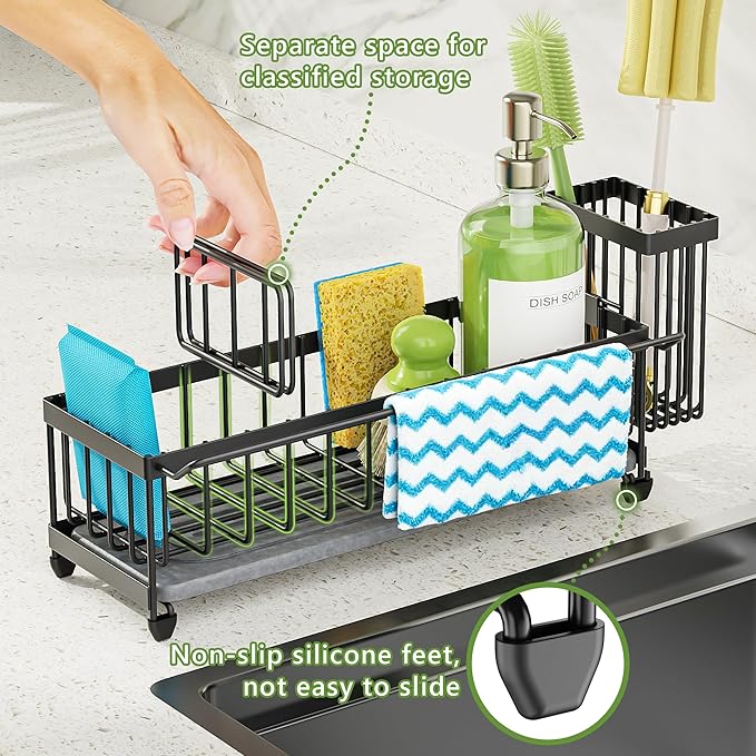 Cisily Large Sink Caddy Organizer with Towel Holder, Quick Dry Sponge Holder for Kitchen, Black Dish Brush Holder for Countertop, Kitchen Decor Storage and Essentials