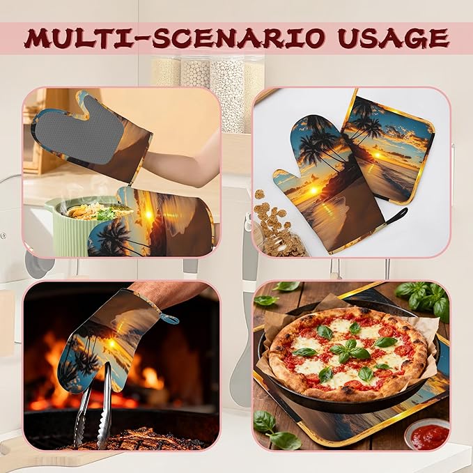 Tropical Palm Oven Mitts and Pot Holders (4PCS),Sunset Trees Sea Beach Heat Resistant Non-Slip Silicone Kitchen Gloves for Cooking, Baking, BBQ Waterproof Kitchen Accessories
