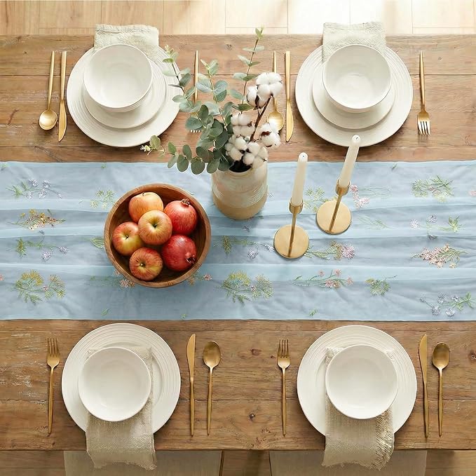 Artoid Mode Wildflower Floral Sky Blue Gauze Embroidery Table Runner 120 Inch 10FT, Tulle Seasonal Spring Kitchen Dining Table Decor for Home Party