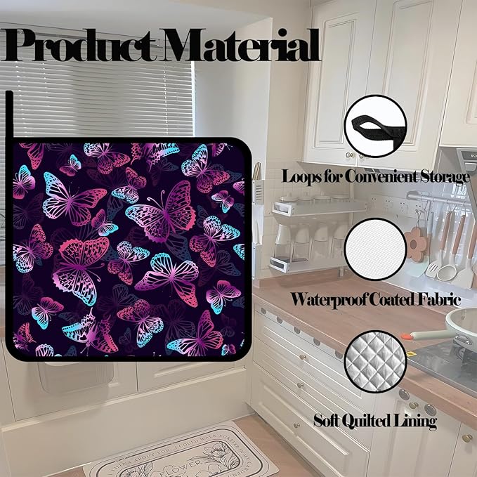 Purple Neon Butterfly Pot Holders 2 PCS,Kitchen Heat Resistant Hot Pads for Cooking Grilling Baking BBQ, Pot Holders for Women Cook Home Microwave