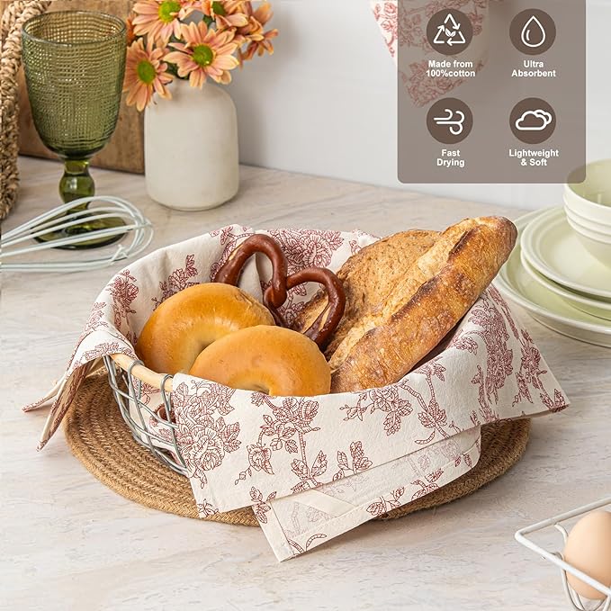 100% Cotton French Pastoral Kitchen Towels Set of 2, Decorative Flour Sack Tea Towels with Hanging Loop 18x25 Inch Absorbent Dish Cloths Farmhouse Home Decor, Red