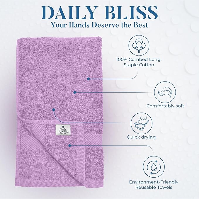 DAN RIVER 6-Pack Premium Hand Towels (16x28 Inches) - 100% Cotton, Ultra Soft, Lightweight, Highly Absorbent Towels for Bathroom, Spa, Gym, Salon, Hotel, and Travel - Lavender