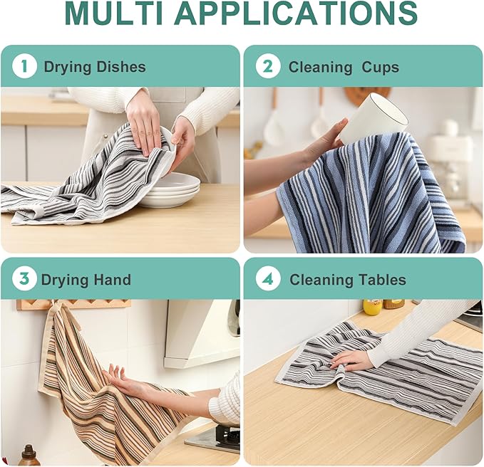 SALAS Kitchen Dish Towels for Drying Dishes, Large Cotton Kitchen Towels, Stripped Terry Dish Cloths, Thick Highly Absorbent Towel Sets with Hanging Loop, 16" X 26", 6 Packs Multi-Color