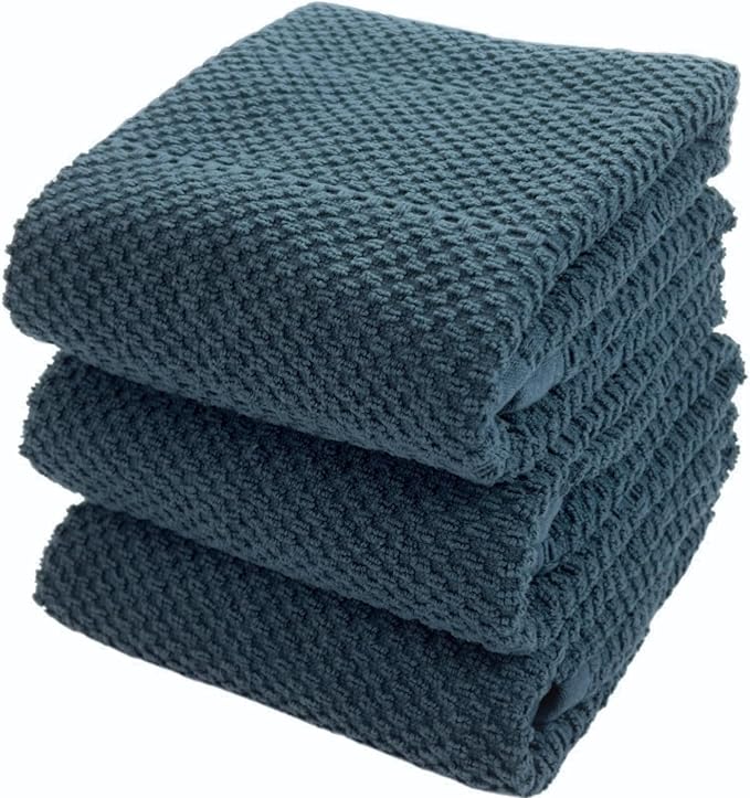 Serafina Home Teal Dark Blue Kitchen Dish Hand Towels 100% Cotton Cloth Soft Cleaning Drying Absorbent Terry: Set of 3 Multipurpose for Everyday Use Oversized 18" x 28"
