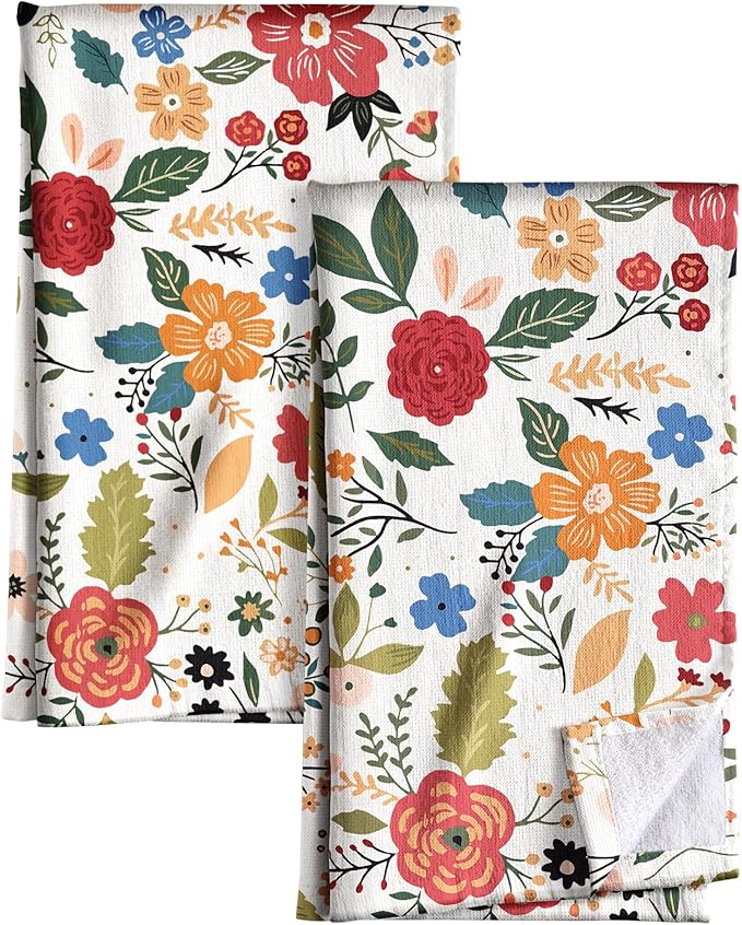 Miss Adola Cotton Kitchen Towels Set of 2 - Cute Design 16×26 Inch Dish Towels for Kitchen with Hanging Loop Beige Flower Quick Dry Hand Towels Soft & Absorbent, Decorative Terry Cloth Tea Towels