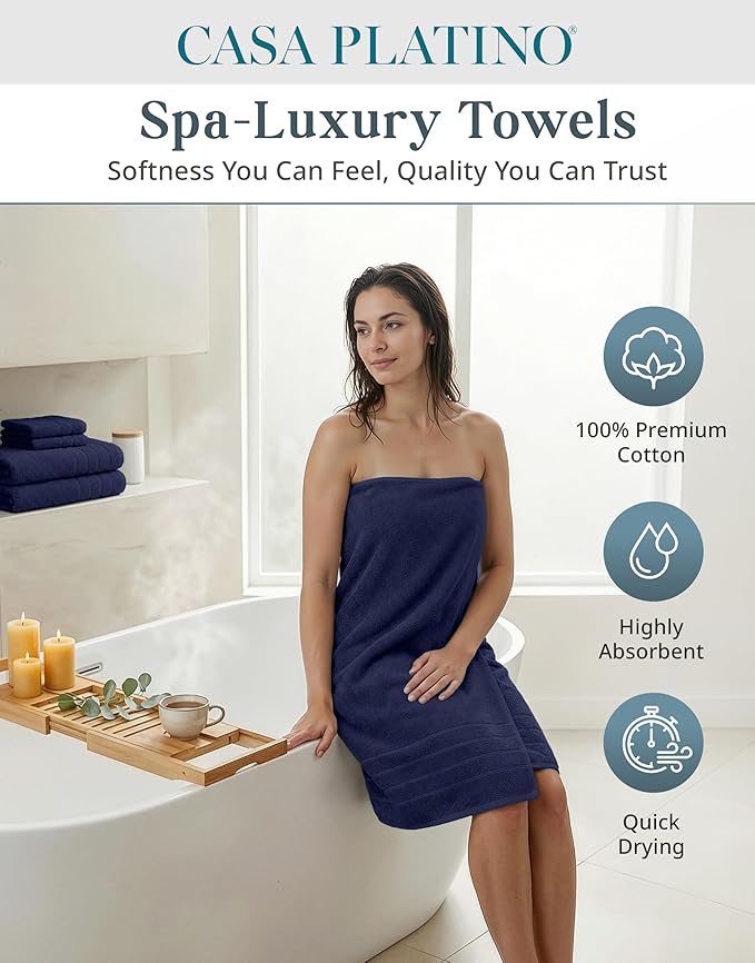 Casa Platino Luxury Cotton Bath Towel Set - 12 PCs - Low Twist, Soft & High Absorbency - 4 Bath, 4 Wash Cloth, 4 Hand Towels - Classic Hotel Quality, Durable & Ideal for Modern Bathrooms - Navy Blue