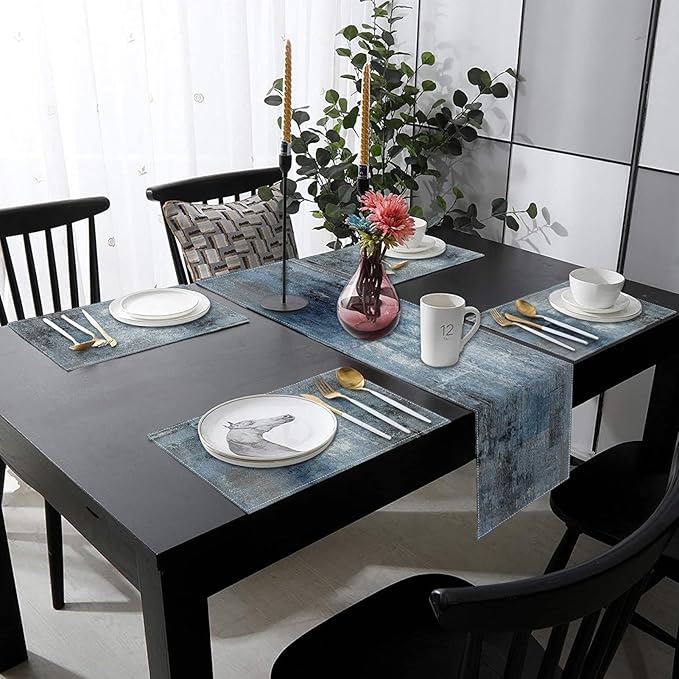 ArtSocket Farmhouse Table Runner and Placemats Set of 6, Abstract Blue Grey Gray Vintage Painting Art Dining Decor for Daily Use(1 Table Runner 72 inches Long and 6 Placemats)