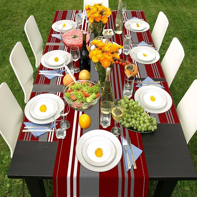 ArtSocket Burgundy Table Runner and Placemats Set of 6, Red Stripes Colorful Grey Line Vintage Abstract Art Dining Decor for Daily Use(1 Table Runner 72 inches Long and 6 Placemats)