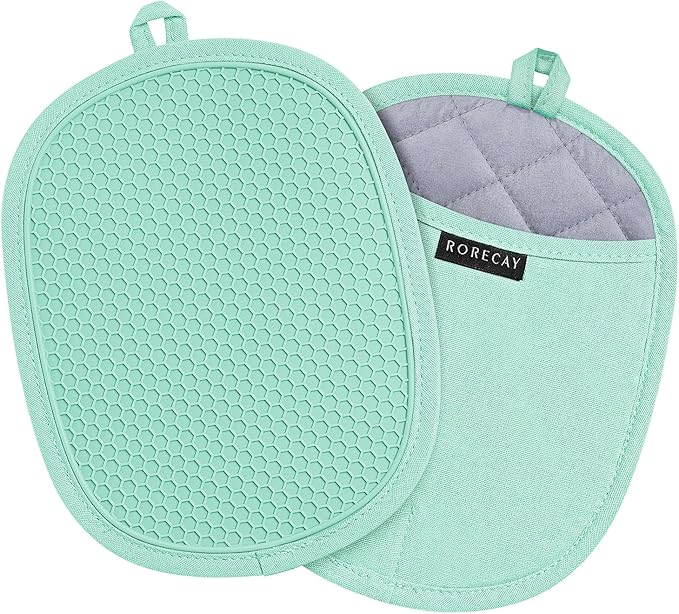 2-Pack Silicone Pot Holders for Kitchen Heat Resistant up to 500°F, Non-Slip Large Hot Pads with Pocket, Quilted Liner Trivets for Countertops Hot Pots and Pans (Bermuda Teal)