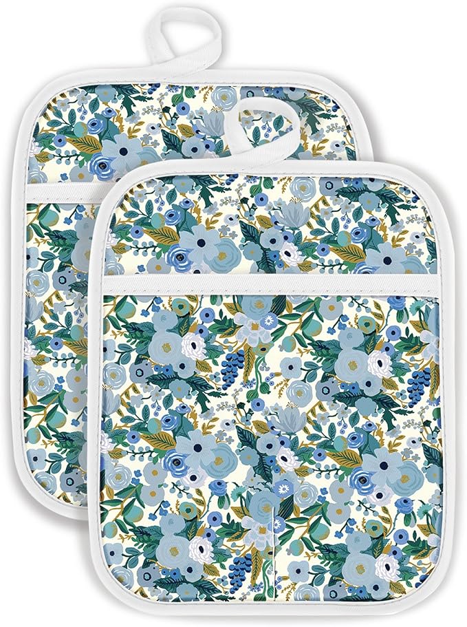 Swooflia 100% Cotton Pot Holders 2 Pack Set for Kitchen with Pockets - Cute 440°F Heat Resistant Oven Hot Pads Heavy Duty for Countertop Home Cooking Baking Microwave BBQ Vintage Flower