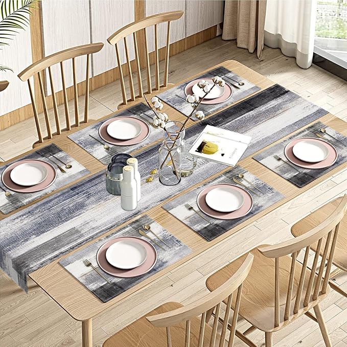 Emvency Grey Table Runner and Placemats Set of 6, Abstract Dark Gray Decorations for Indoor Outdoor Dining Decor(1 Table Runner 72 inches Long and 6 Placemats)