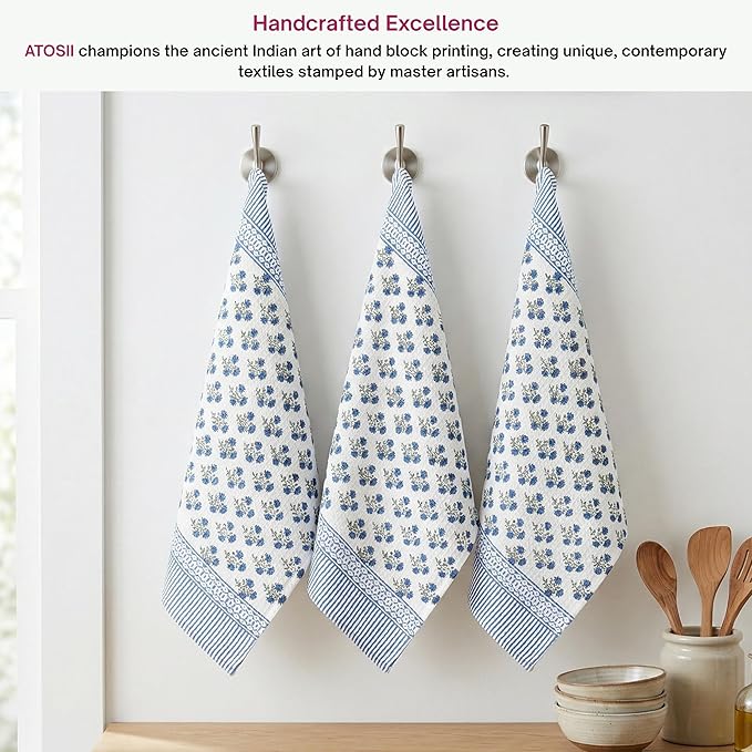 ATOSII 100% Cotton Hand Block Print Waffle Kitchen Towel, Set of 3, 18 x 26 Inches Ultra Absorbent Quick Dry Dish Towels, Reusable Sustainable Tea Towels for Cleaning and Drying, Gulbahar Blue