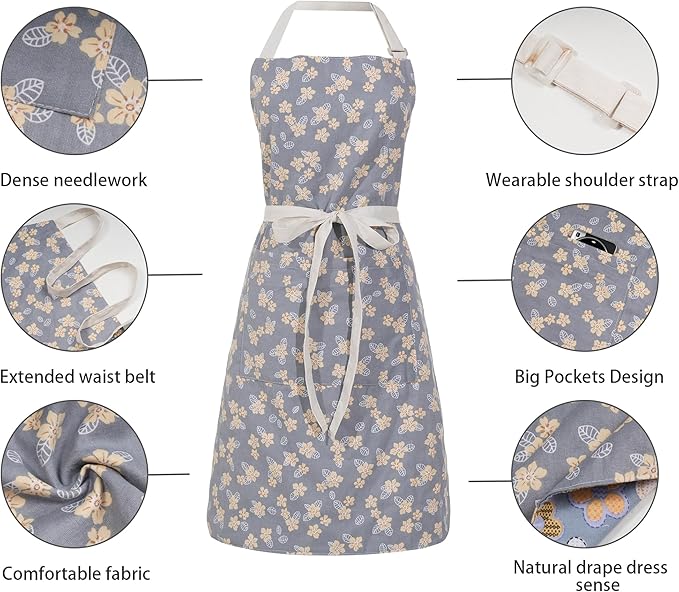 Aoomzoon Kitchen Aprons for Women with 2 Pockets,Double Sided Vintage Adjustable Apron for Gardening Cooking Arting Painting