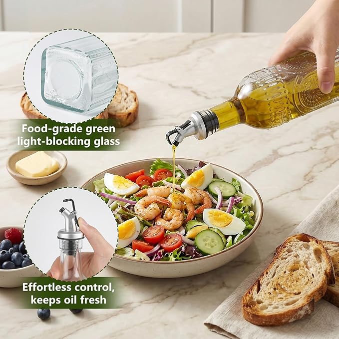 WERTIOO 4 Pack Olive Oil Dispenser Bottle for Kitchen,17oz Clear Glass Cooking Olive Oil and Vinegar Dispenser with Funnel, Delicately Engraved Glass Bottles for Kitchen