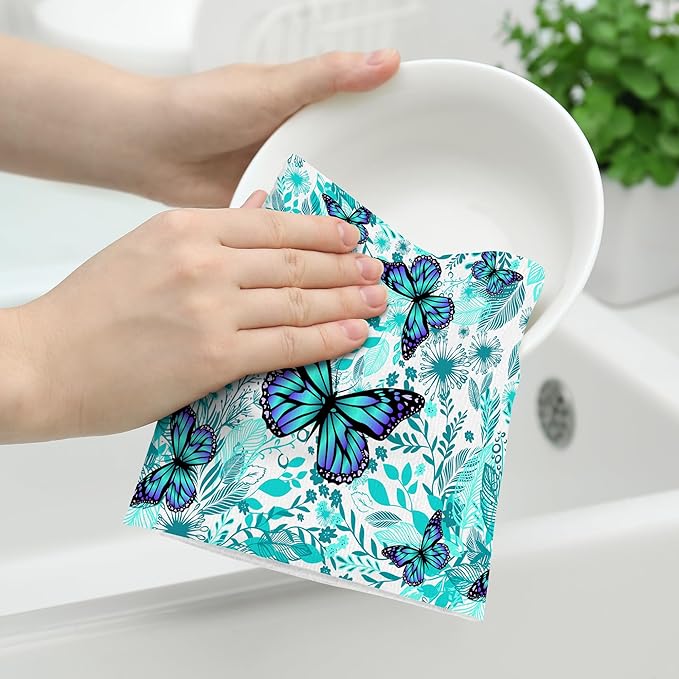 Butterfly Green Kitchen Towels Decorative Set of 2, Soft Absorbent Botanic Dish Towels for Kitchen, Bar Tea Towels Hand Towels for Bathroom Farmhouse Spring Summer Decor