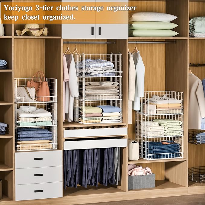 Yociyoga Closet Organizers and Storage Basket- 3-Tier Stackable Storage Bins, Foldable Closet Shelf Organizer Basket, Stackable Clothes Organizers Shelves for Home Organizer System