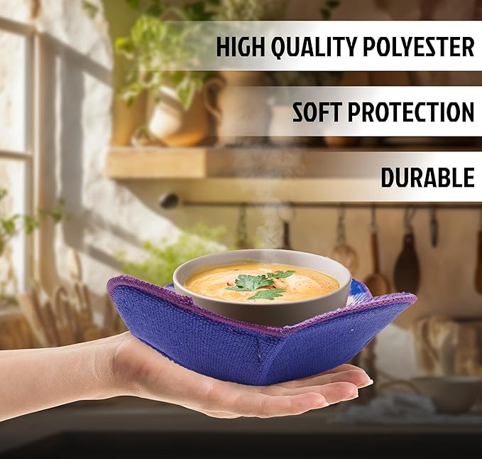 Set of 2 Purple with White Microwave Bowl Cloth Hot Pads - Multipurpose Heat Resistant Plate Holders - Hot Pads for Bouillon Cups - Pot Holder Microwavable Bowl Cozies for Food