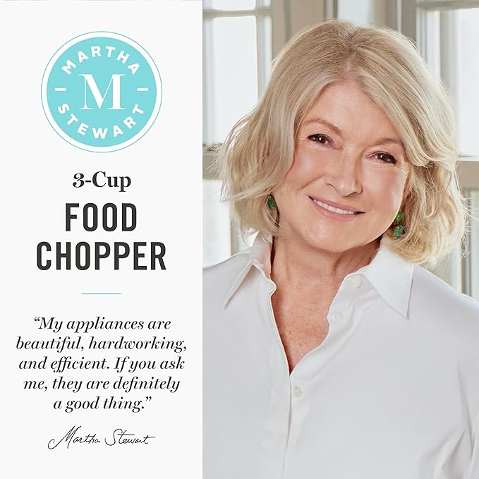 Martha Stewart 3 Cup Food Processor, Electric Vegetable Chopper, Stainless Steel Blades, 24oz BPA-Free Bowl, Pour Spout, Dicing, Mincing, Chop & Puree, Dishwasher Safe, Oil Chute, Easy-Clean, Caviar