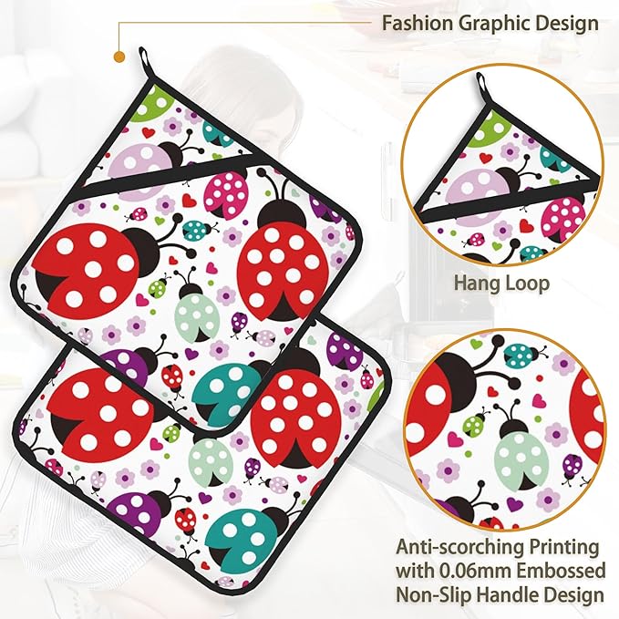 Ladybug Flower Pot Holder Set of 2,Heat Resistant Potholders Oven Hot Pads for Kitchen Cooking Baking BBQ