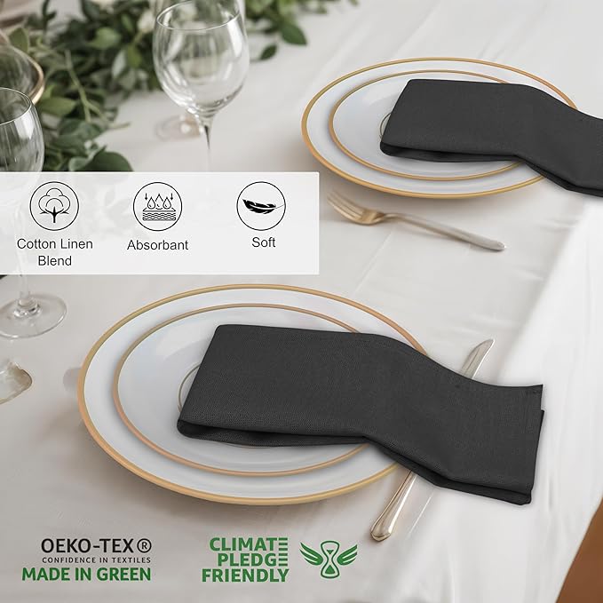 Ruvanti Linen Napkins Set of 12, 18x18 Cloth Napkins, Cotton Linen Blend Napkins Cloth Washable, Soft, Reusable Dinner Napkins for Wedding, Parties, Christmas, Thanksgiving, Everyday Use - Black