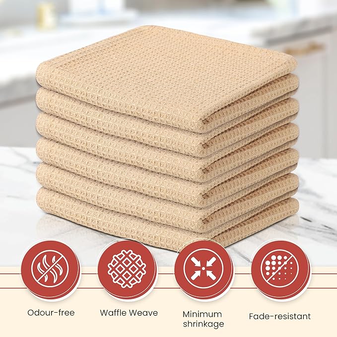 Vintage Vista 100% Cotton Waffle Dish Cloths (Pack of 6) - Dish Rags for Washing Dishes - Reusable & Highly Absorbent Kitchen Towels - Kitchen Rags fo Easter - (12" x 12" - Beige)