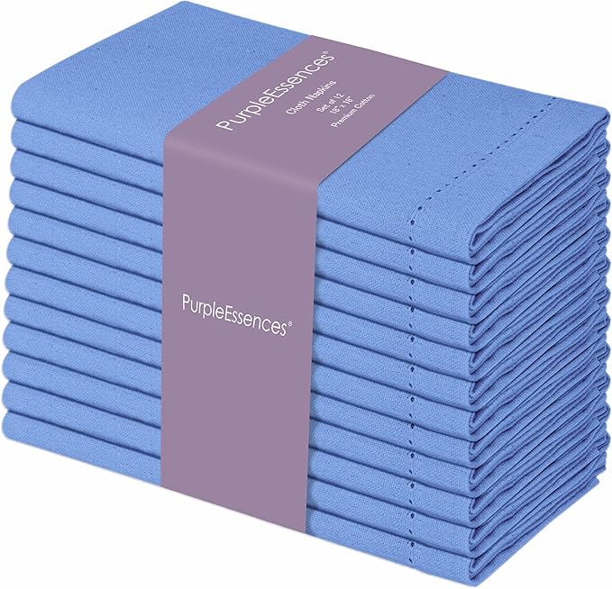 PurpleEssences Set of 12 Hemstitch Cloth Dinner Napkins 100% Cotton - Soft Durable Washable - Ideal for Wedding Spring Easter Summer - Perfect Everyday Use Table Linen 18x18 - Light Blue