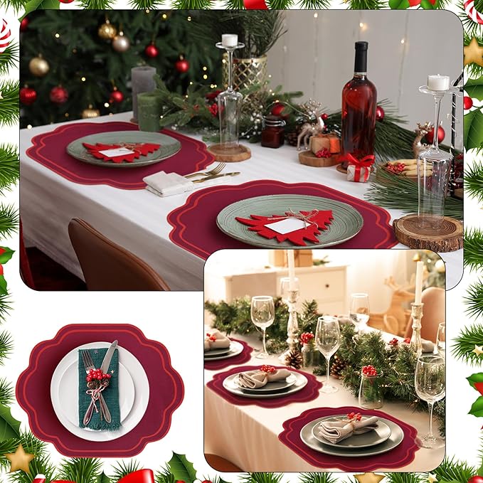 Breling 6 Pcs Wedding Placemats Scalloped Embroidered Cotton Linen Placemats 17" x 13" Double Layered Machine Washable Table Place Mat for Party Table Decor (Wine Red)