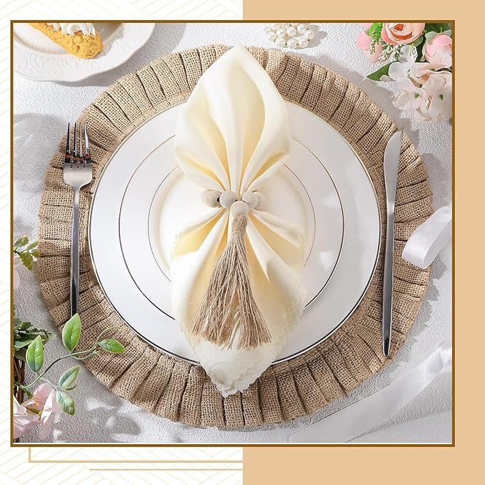 Gejoy 72 Pcs Round Burlap Placemats Wood Bead Napkin Rings with Dinner Napkins Cloth, Jute Heat Resistant Placemats Boho Wooden Rings for Plates Wedding Dining Table