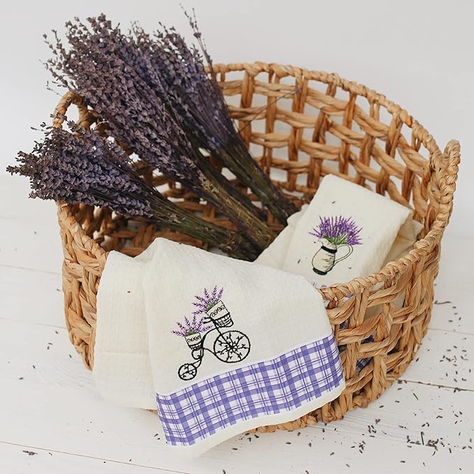 Lavien Home Cotton Kitchen Towels Set of 4 - Lavender Embroidered Tea Towels, Absorbent and Soft Waffle Weave with Plaid, 16x24 inches