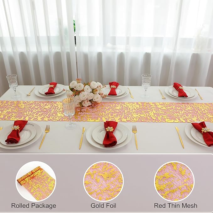 Snowkingdom 2Pcs Gold Table Runner, 11×108 Inch Red and Gold Sequin Glitter Foil Metallic Thin Mesh Table Runner, Sparkle Centerpiece for Wedding Party Birthday Holiday Kitchen Dinner Decoration