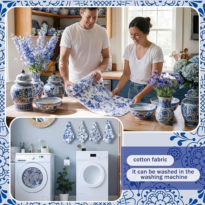 Tinlade 36 Pack Reusable Cleaning Cloths Washable Cotton Kitchen Towels Bulk 11.81 x 9.84 Inches Absorbent Dish Towels Roll for Home Kitchen Cleaning Supplies 12 Styles (Swedish Blue Floral)