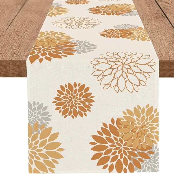 Fall Table Runner Orange Grey Dahlia Pinnata Floral Table Runners Modern Elegant Farmhouse Geometric Coffee Table Center Decor for Autumn Home Kitchen Dining Party 13 x 36 Inch